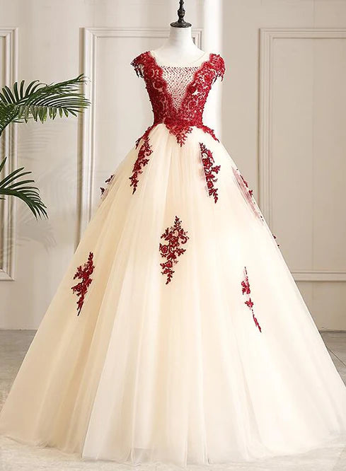 Gorgeous Champagne Tulle Long Sweet 16 Dress with Red Lace Formal Gown Prom Dress Wholesale