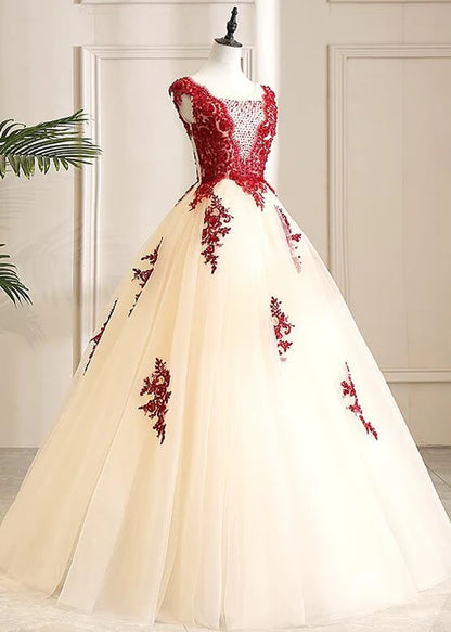 Gorgeous Champagne Tulle Long Sweet 16 Dress with Red Lace Formal Gown Prom Dress Wholesale