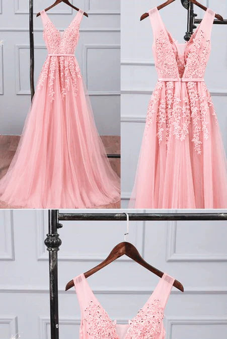 Pink Tulle A-line Simple Long Party Dress Prom Dress Evening Dress V-neck with Appliques Wholesale