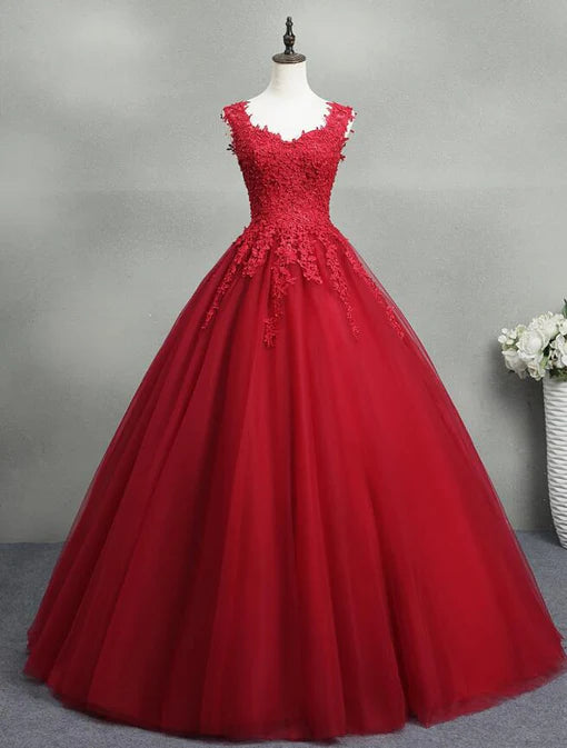 Gorgeous Red Ball Gown Sweet 16 Gown Tulle with Lace Applique Party Dress Prom Dress Wholesale