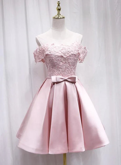 Aimishang A Line Satin Off Shoulder Lace Homecoming Dress Gradaution Dress Party Dress With Bow