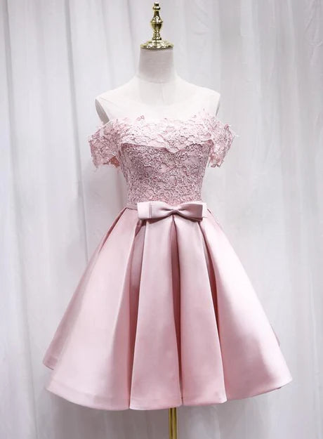 Aimishang A Line Satin Off Shoulder Lace Homecoming Dress Gradaution Dress Party Dress With Bow