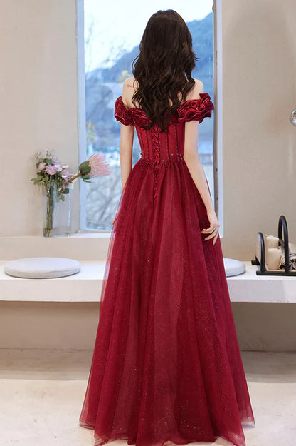 Wine Red Off Shoulder Beaded Sweetheart Long Party Dress A-line Prom Dress Elegant Evening Dress