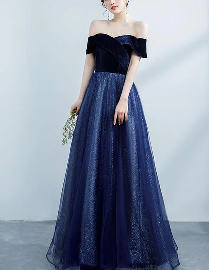 Navy Blue Off Shoulder Velvet Sweetheart Party Dress Shiny Tulle Long Prom Dress Party Dress Sparkly Evening Dress Wholesale