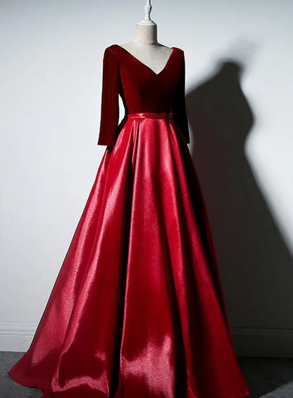 Dark Red Velvet and Satin V-neckline Long Prom Dresses Dark Purple A Line Evening Dress Elegant Wholesale