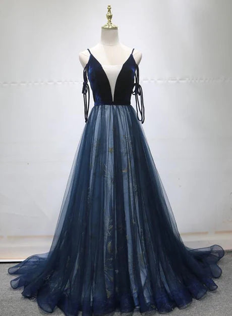 Blue A-line Straps Tulle Long Evening Dress Party Dress Bridesmaid Dress Prom Dress Wholesale