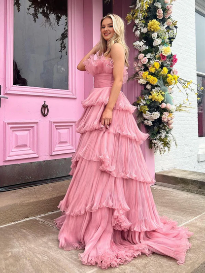 Wholesale Elegant Pink Strapless A-Line Evening Dress Tiered Crinkled Tulle Prom Dress