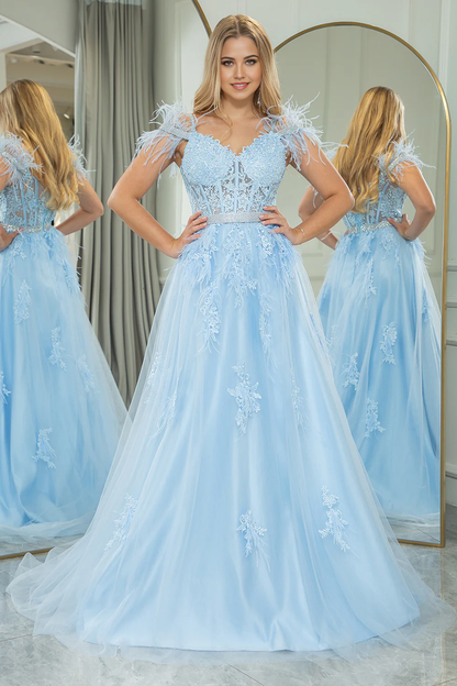 Wholesale Fashion A Line Long Corset Appliqued Prom Dress Light Blue With Feathers