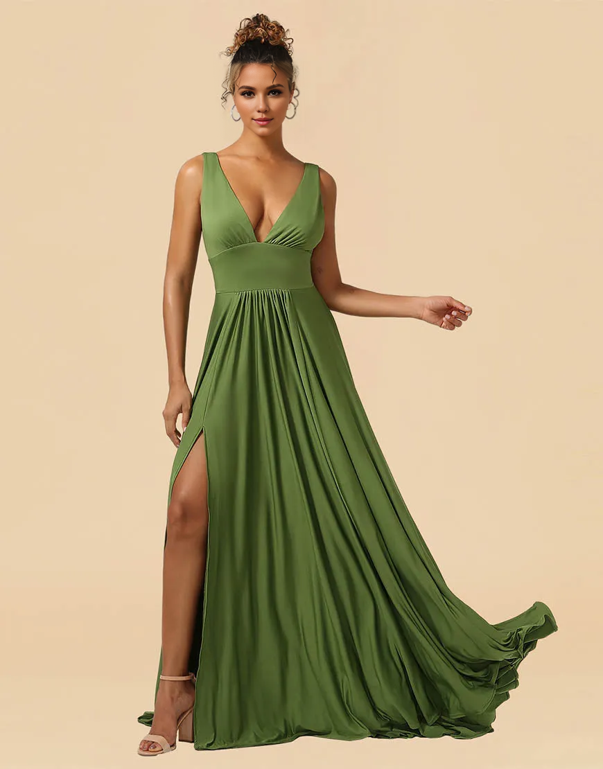 Wholesale Bridesmaid Dress A-Line Deep V-neck Floor Length Spandex with Split