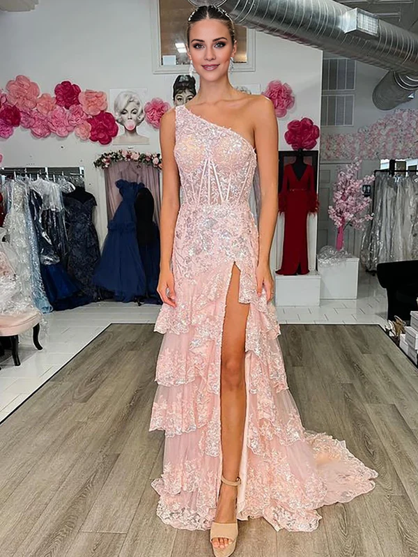 Aimishang Sheath Evening Dress One Shoulder Tiered Lace Long Prom Dress