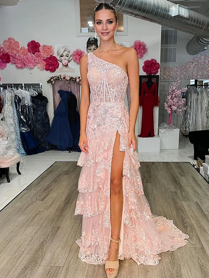 Aimishang Sheath Evening Dress One Shoulder Tiered Lace Long Prom Dress