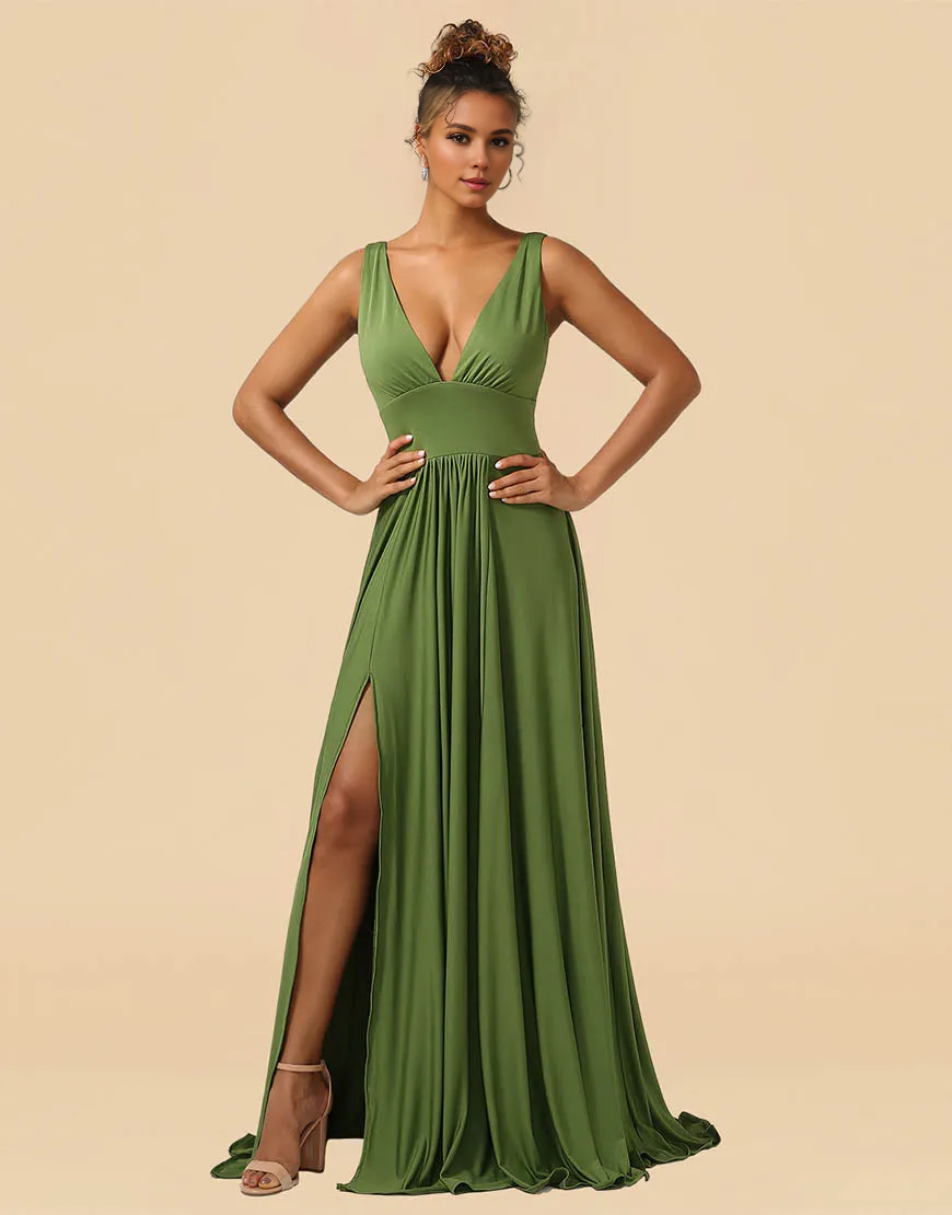 Wholesale Bridesmaid Dress A-Line Deep V-neck Floor Length Spandex with Split