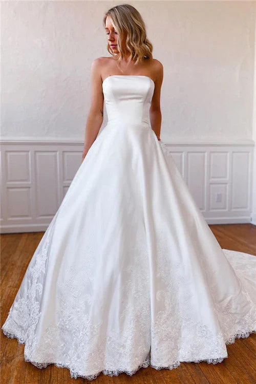 Wholesale Elegant Lace Appliques Long Strapless White Wedding Dress with Pockets