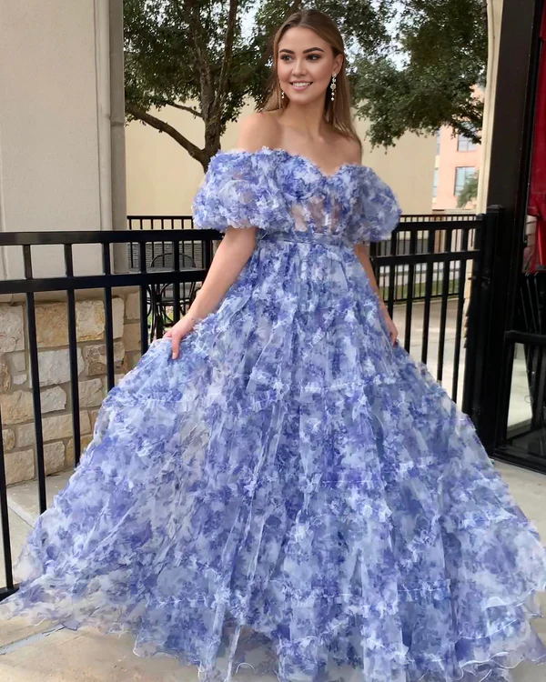 Wholesale Off the Shoulder Evening Dress Blue Floral Print Ruffled Tulle Prom Dress