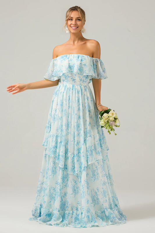 Wholesale Floral Print A Line Prom Dresses Off The Shoulder Tiered Maxi Dress White Blue