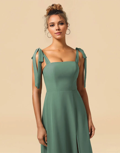 Wholesale Bridesmaid Dress A-Line Tie Straps Floor Length Chiffon with Split