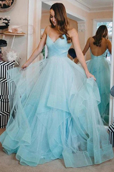 Wholesale Open Back Evening Dress Glittering Light Blue Long Prom Dress with Ruffles