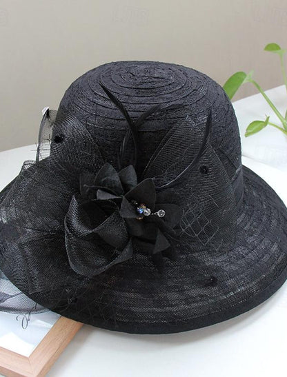 Wholesale Fascinators Hats Headwear Organza Bucket Hat Straw Hat Sun Hat Wedding Casual Holiday Tea Party Beach Elegant Vintage With Feather Bows Headpiece Headwear