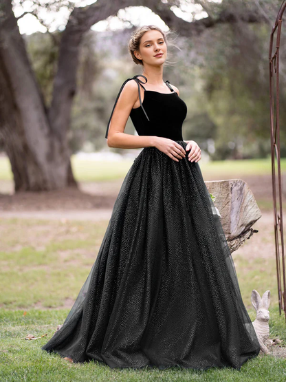 Wholesale Elegant Spagatti Straps Evening Dress Velvet Tulle Floor Length Prom Dress