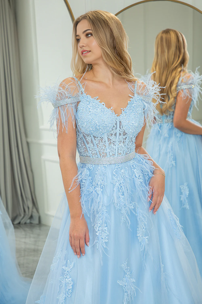 Wholesale Fashion A Line Long Corset Appliqued Prom Dress Light Blue With Feathers