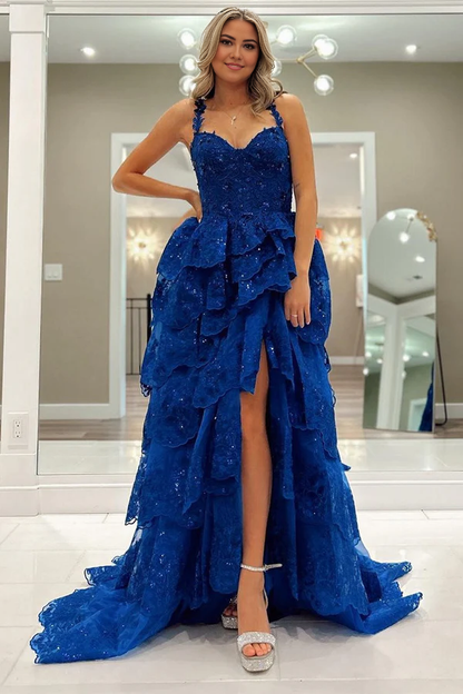 Wholesale Elegant Blue Evening Dress Tulle Sequin Sweetheart Ruffle Tiered Long Gown