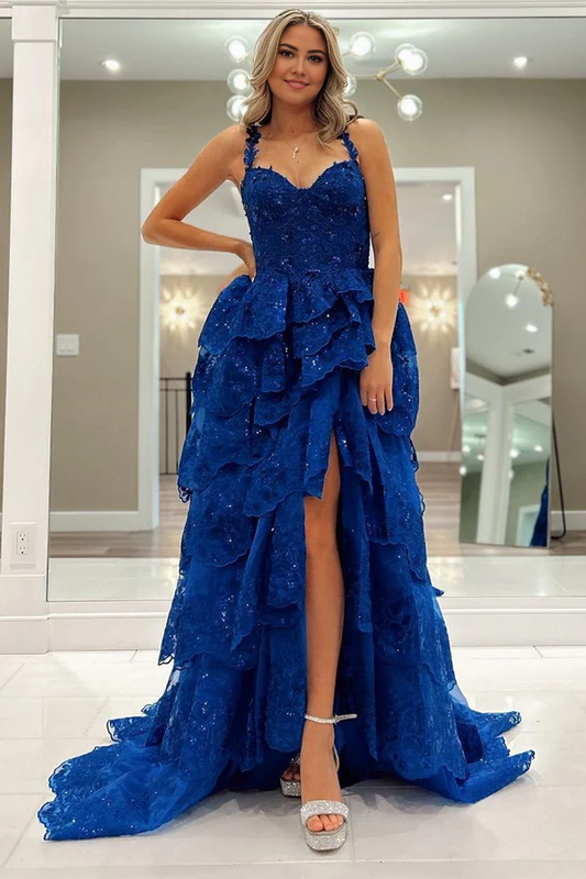 Wholesale Elegant Blue Evening Dress Tulle Sequin Sweetheart Ruffle Tiered Long Gown