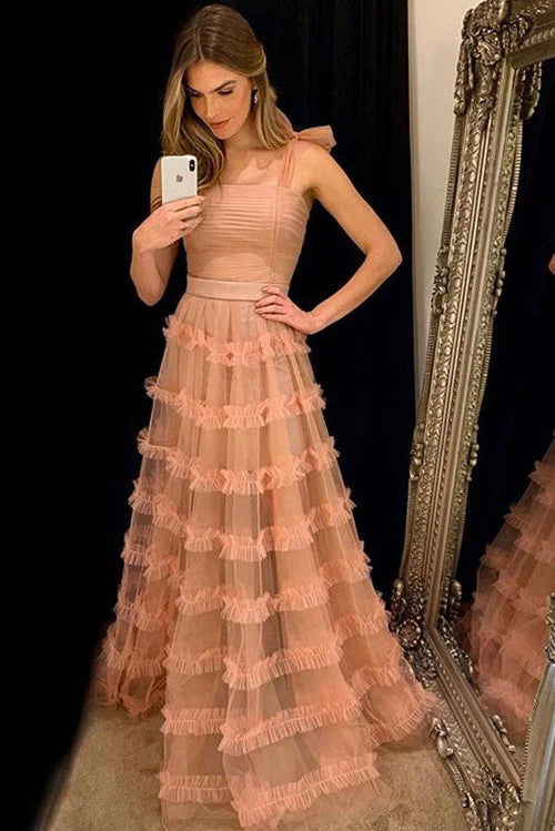 Wholesale Elegant Evening Dress Straps Peach Long Prom Dress with Cascading Ruffles