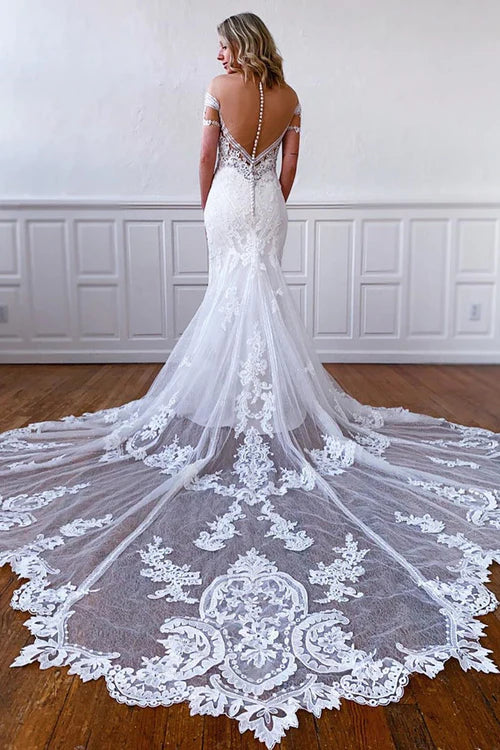 Wholesale Elegant Mermaid Off-the-Shoulder Short Sleeves Long White Lace Bridal Dress