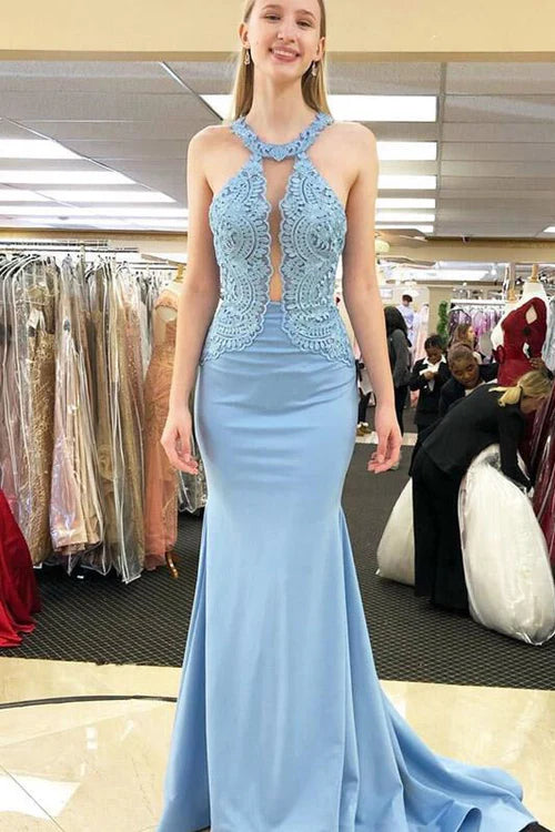 Wholesale Elegant Open Back Evening Dress Mermaid Sky Blue Long Prom Dress