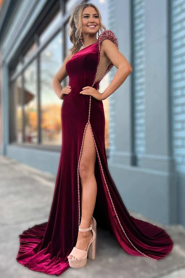 Wholesale Fashion Wine Velvet Beaded Evening Dress One-Shoulder Long Formal Dress with Slit