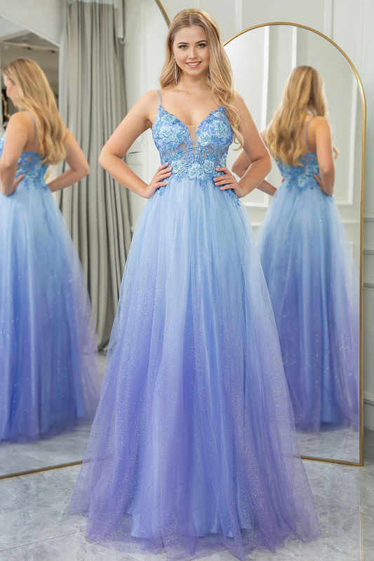 Wholesale A Line Long Prom Dress Gradient Tulle With Appliques Sparkly Blue Evening Dress