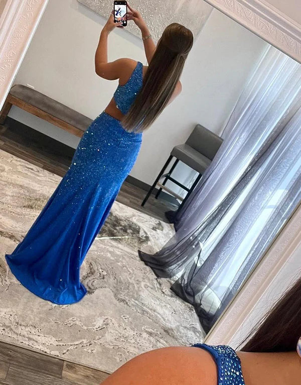 Wholesale Fashion One Shoulder Evening Dress Royal Blue Prom Dress with Split