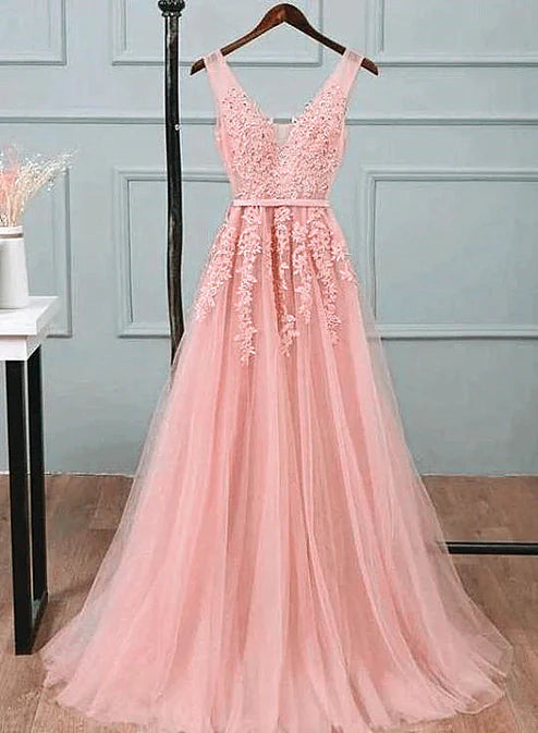 Pink Tulle A-line Simple Long Party Dress Prom Dress Evening Dress V-neck with Appliques Wholesale