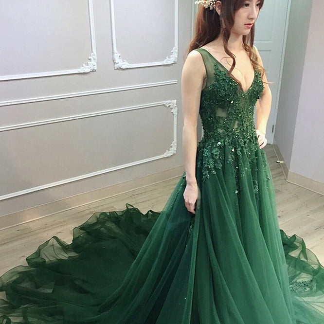 Dark Green Low Back Beaded Lace V-neckline Party Dress A-line Prom Dress Floor Length Wholesale