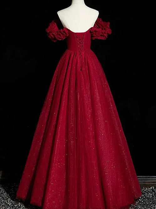 Wine Red Tulle Short Sleeves Beaded Party Dress A-line Prom Dress Elegant Evening Dress Wholesale