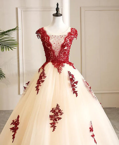 Gorgeous Champagne Tulle Long Sweet 16 Dress with Red Lace Formal Gown Prom Dress Wholesale