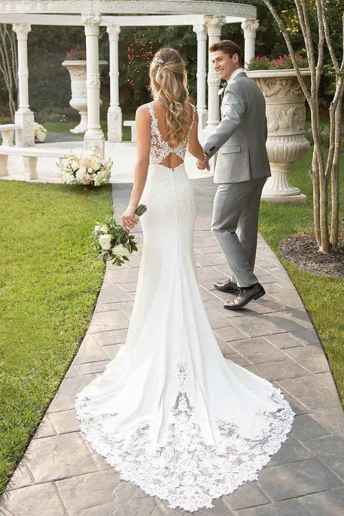 Wholesale Elegant Lace Straps Sweep Train Mermaid White Wedding Dress