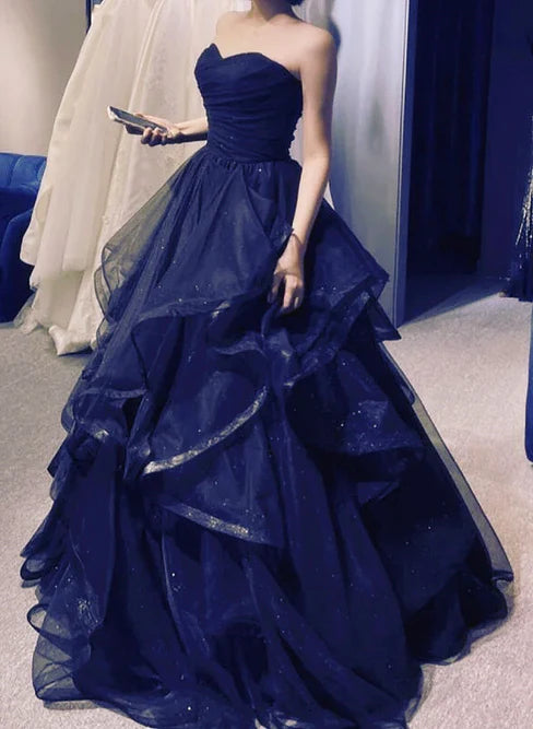 Navy Blue Layers Tulle Sweetheart Long Prom Dress Party Dress Off Shoulder Elegant