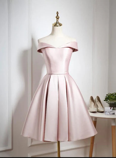 Lovely Pink Satin Off Shoulder Knee Length Formal Dress Homecoming Dress Party Dress Wholesale