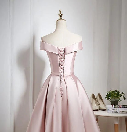 Lovely Pink Satin Off Shoulder Knee Length Formal Dress Homecoming Dress Party Dress Wholesale