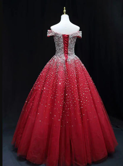 Shiny Red Sequins Pretty Long Formal Dress Dark Red Sweet 16 Dresses Off Shoulder Prom Dress Wholesale