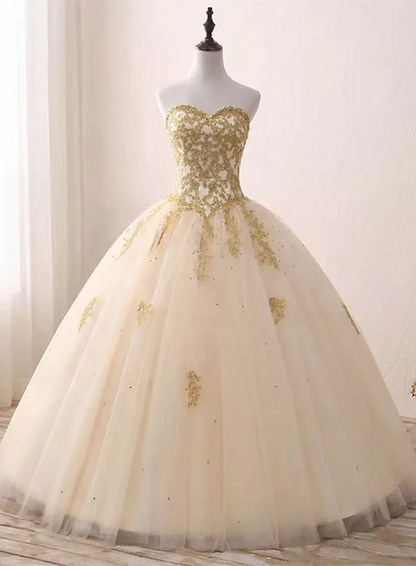 Beautiful Light Champagne Ball Gown Party Dress Sweet 16 dress with Gold Applique Prom Dress Wholesale