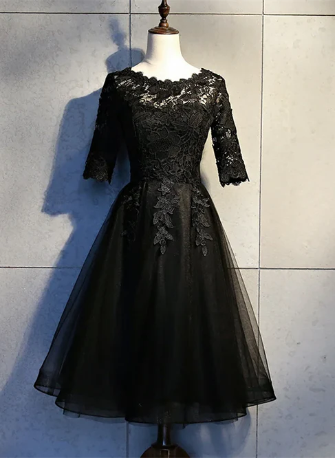 Black Lace and Tulle Short Sleeves Party Dresses Formal Dress Homecoming Dress Evening Dress