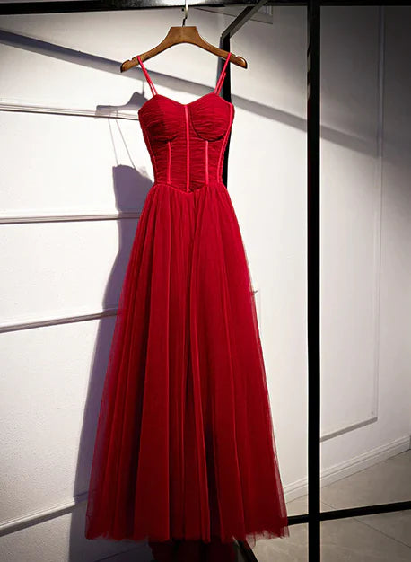 Beautiful Wine Red Tulle Long Straps Party Dress Prom Dress A-line Formal Gown Evening Dress Wholesale