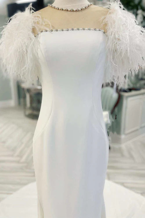 Wholesale Elegant White Feather Illusion Neck Mermaid Long Wedding Dress