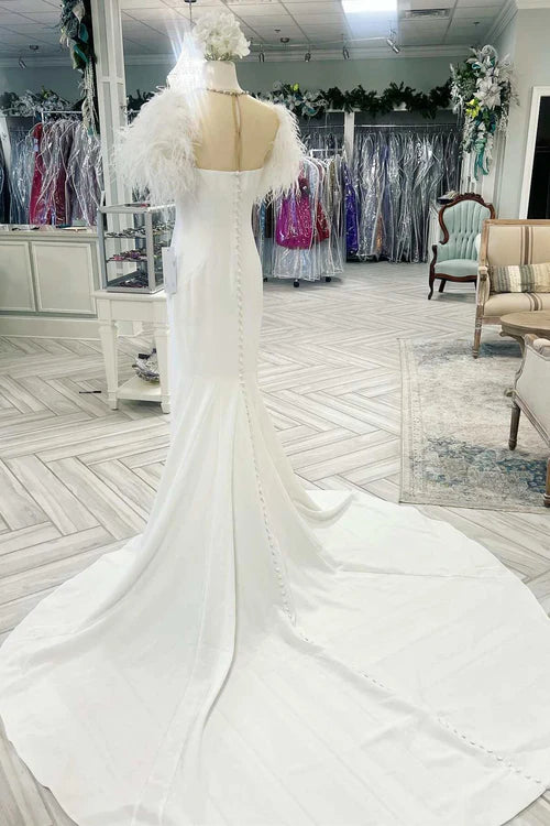 Wholesale Elegant White Feather Illusion Neck Mermaid Long Wedding Dress