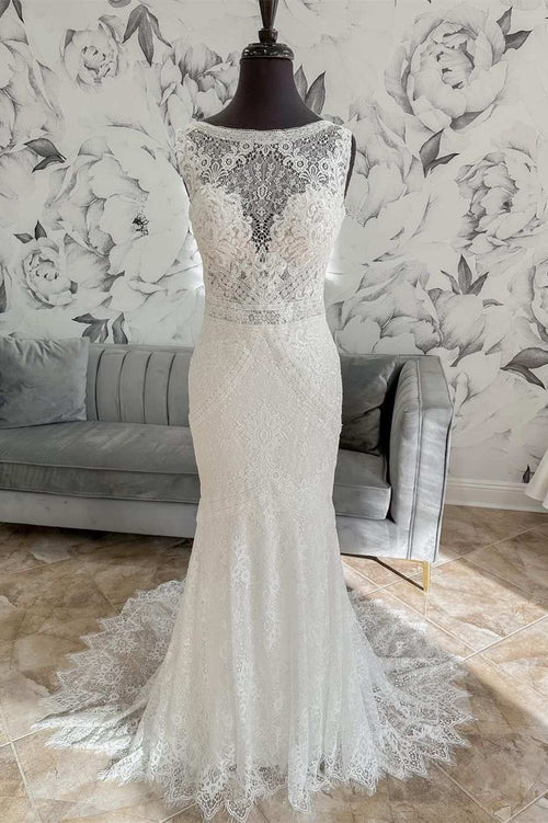 Wholesale Elegant White Lace Open Back Mermaid Long Wedding Dress