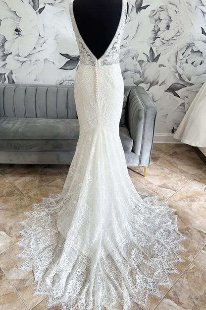 Wholesale Elegant White Lace Open Back Mermaid Long Wedding Dress