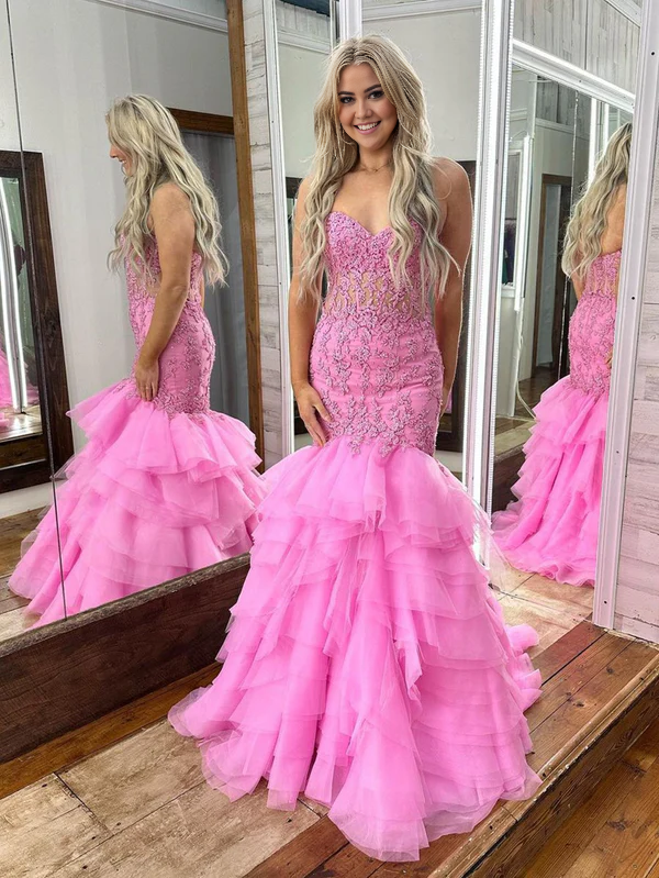 Wholesale Fashion Mermaid Evening Dress Tiered Lace Long Mermaid Prom Dress