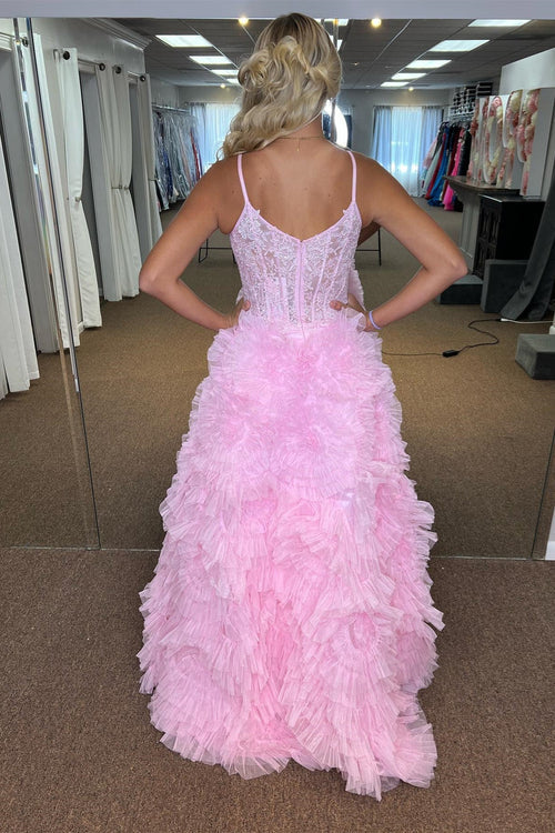 Wholesale Elegant Pink Plunging V Ruffles Floral Long Prom Dress with Slit